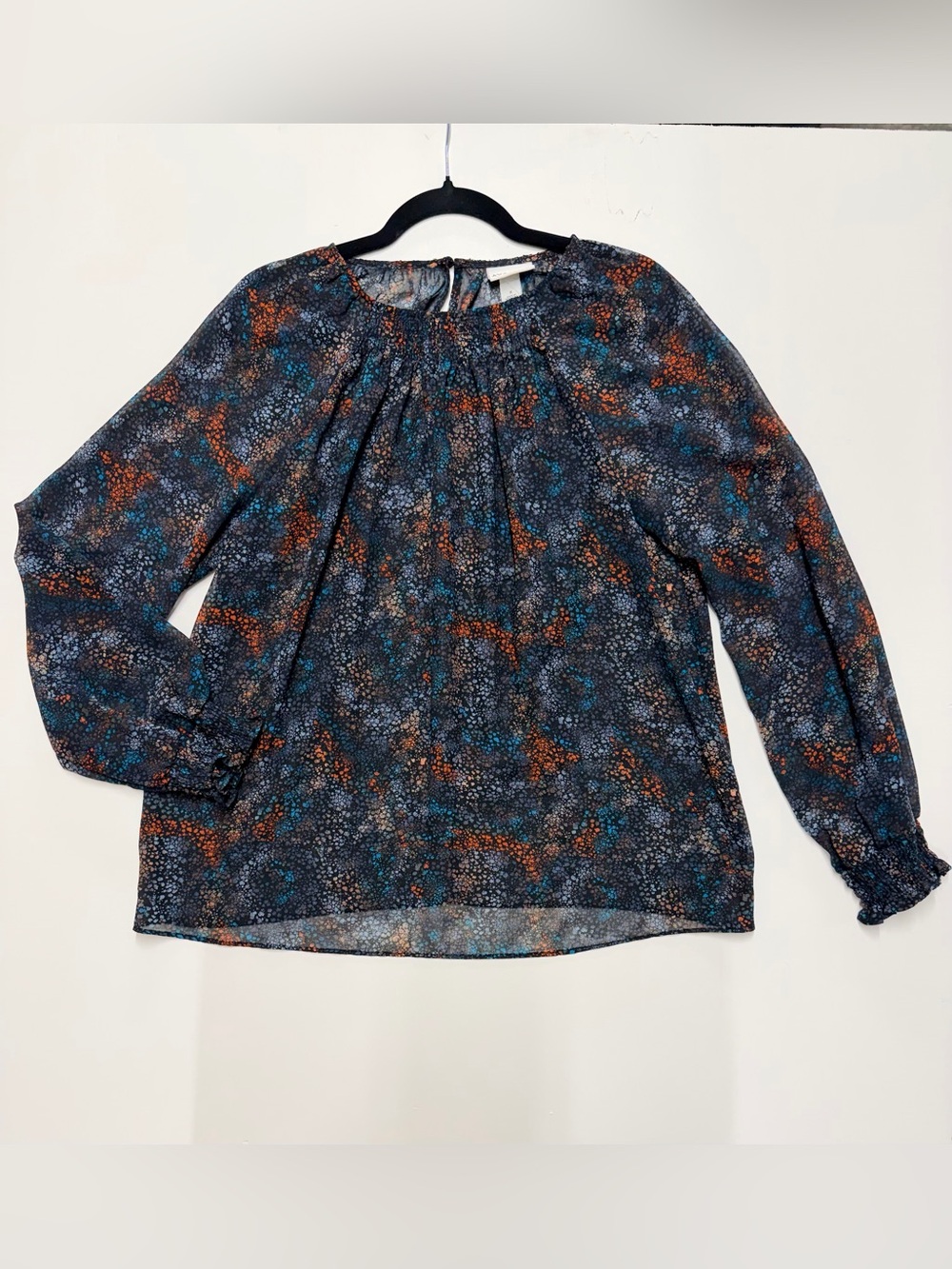 W131 Long-Sleeve Printed Blouse - Navy with Teal & Rust